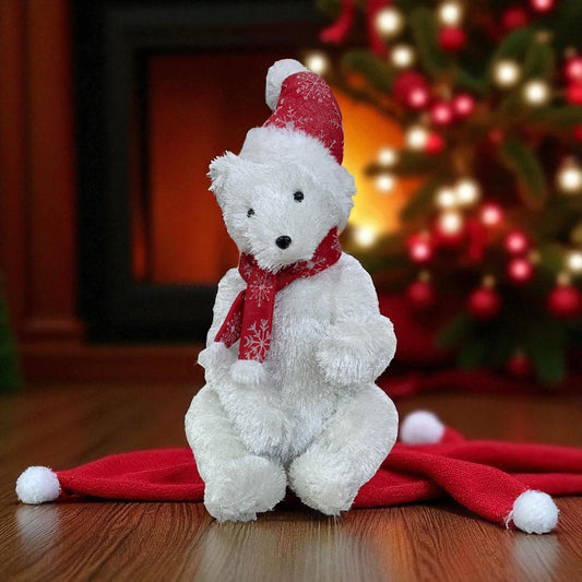 oso polar bufanda roja sentado